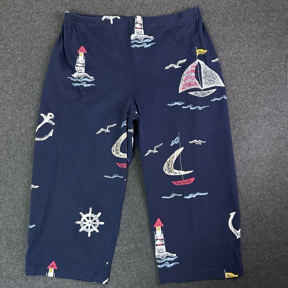 Vintage Cropped Nautical Print Pants Womens M Petite Blue Lighthouse, Sailboat,